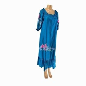 Vintage Teal Hawaiian Floral Off Shoulder Dress M/L